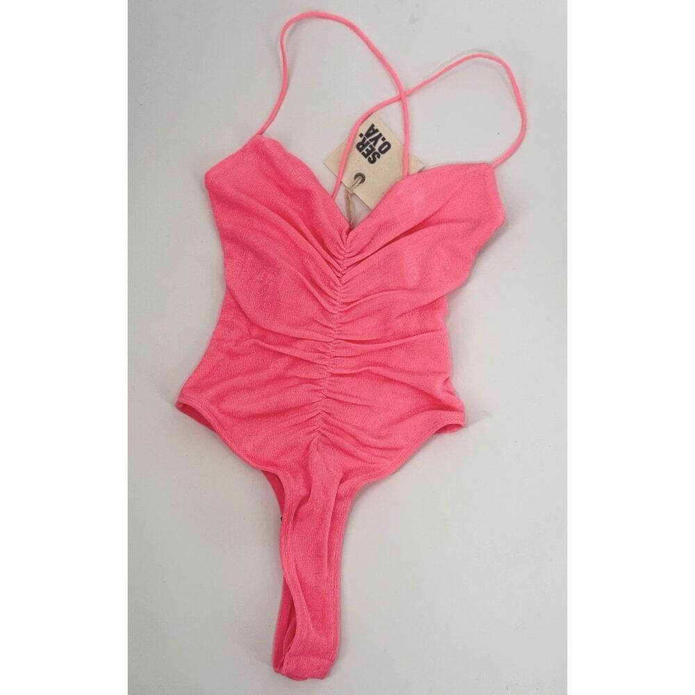 SER.O.YA Coral Bodysuit Neon Pink Strappy Slinky Ruched Tank Thong One‎ Piece XS